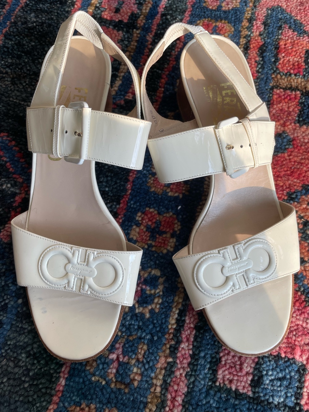 Salvatore Ferragamo Ivory Patent Leather Buckle Sandals with Gancini Detail